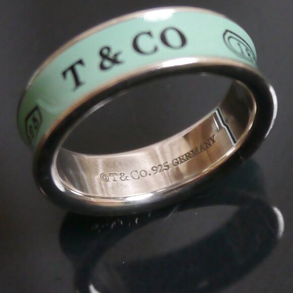 Sz 9 Tiffany & Co. 1837 Concave Blue Enamel Band Ring Silver Gift RARE - Picture 3 of 7